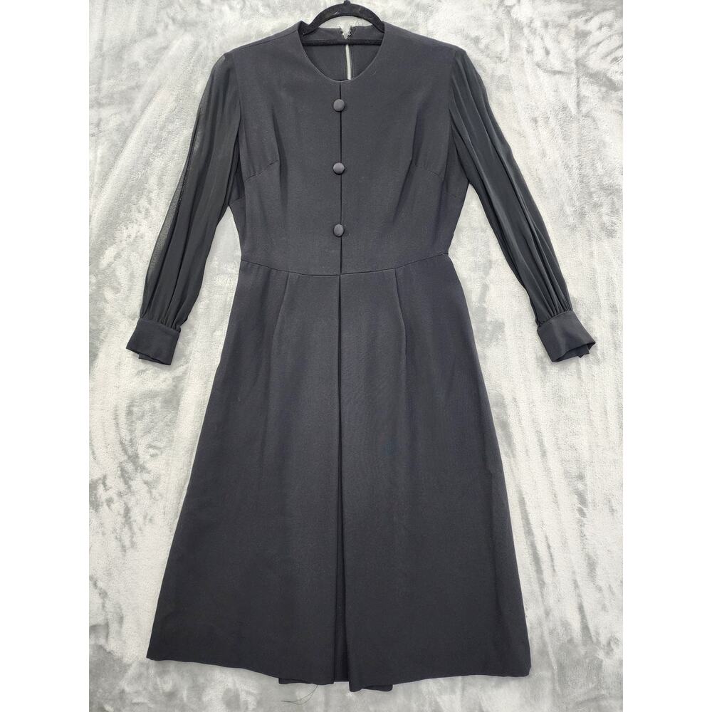 Vintage 50s Dress Womens S Black Sheer Long Sleeves Knee Length Buttons Back Zip